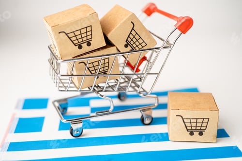 Preview: Box with shopping cart logo and Greece flag, Import Export Shopping online