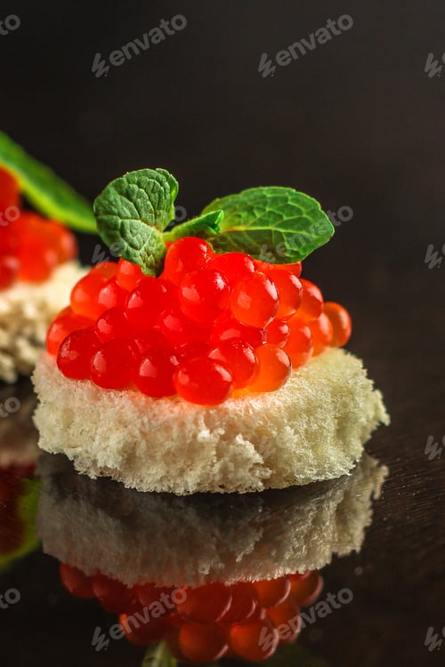 Preview: Red Caviar (Sandwich With Red Snack - Buffet) Salmon Fish, Seafood. Food Background. Top View