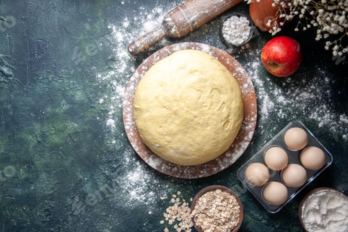 Preview: top view raw fresh dough with eggs on dark background pastry bake cake raw dough pie fresh oven