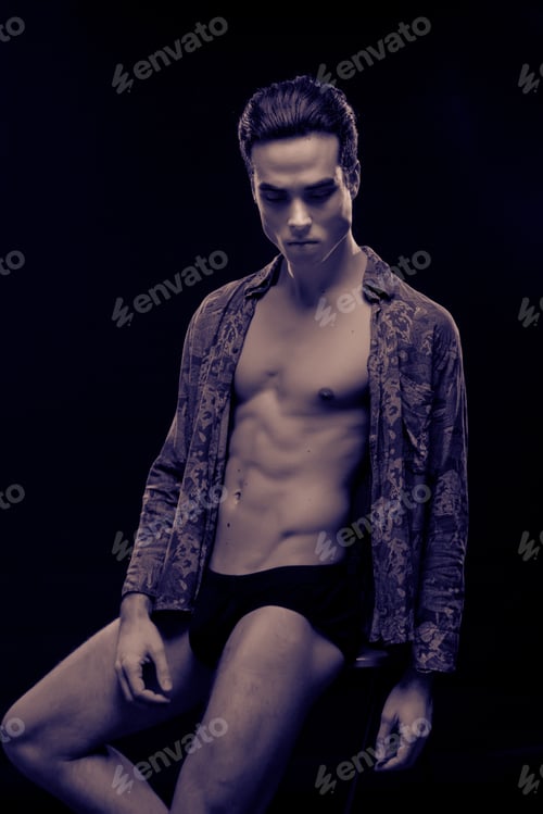 Preview: One Young Adult Man Handsome Model Posing Sitting Fashionable Shirt Body Fit Slim Abs, Blue Color