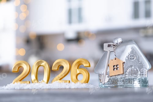 Visualização: Número dourado 2026, chave e pequena casa no fundo de uma aconchegante cozinha branca