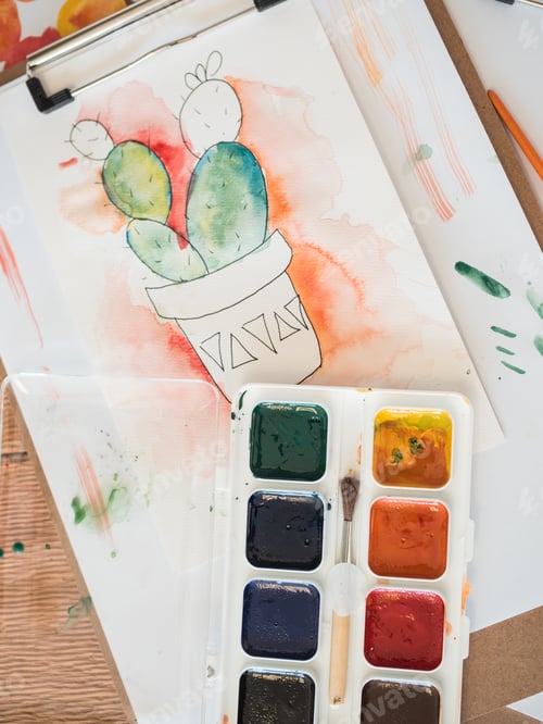 Preview: Watercolor Cactus Painting with Paints and Brushes