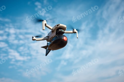 Preview: consumer civilian drone with a big bomb on board flies in the blue sky