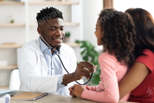 Preview: Black man doctor listening to child patient breath with stethoscope