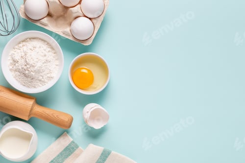 Preview: Baking or cooking background. Ingredients, kitchen items for baking.