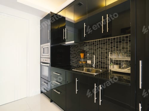 Preview: Modern style kitchen interior in modern home with black color ceramic and stainless steel appliances