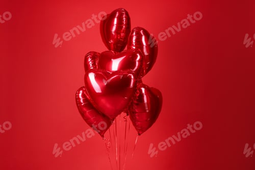 Vista previa: Many heart-shaped balloons on red background. Valentine's day