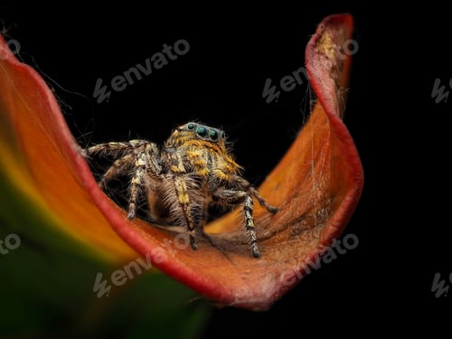 Preview: Jumping Spider on Orange Leaf Against Black Background