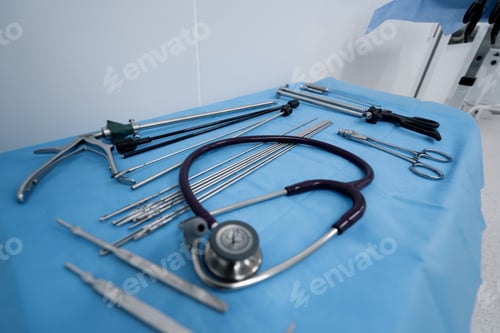 Preview: sterile surgical instruments lie on the table operation in operating room laparoscope scalp scissors