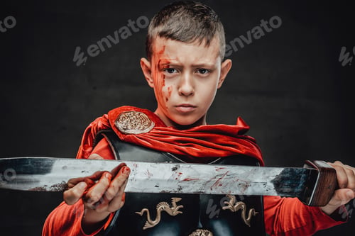 Preview: Little legionary with bloody face holding a sword in dark background