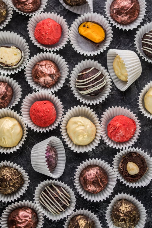 Preview: Various chocolate candies on a black. Delicious chocolate truffles with cinnamon, anise, and coffee