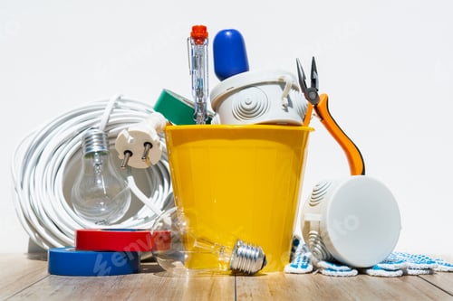 Preview: yellow plastic pot filled with electrician items