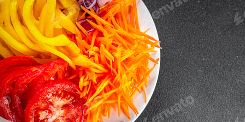 Preview: salad bowl fresh vegetable cut plate tomato, carrot, pepper, onion juicy fresh gourmet food