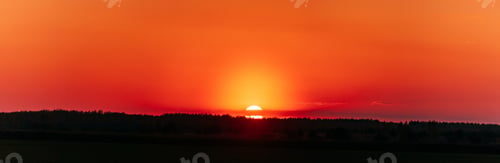 Preview: Panoramic View Sun Over Horizon Woods Or Forest. Bold Bright Orange Sunset Sky. Natural Colors Of