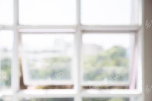 Preview: Defocused of abstract window with green garden view