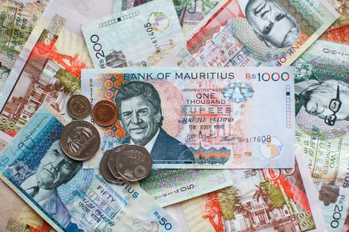 Preview: Mauritius money. Mauritius Rupee notes and coins close up