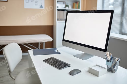 Preview: Mockup White Screen Computer Monitor in Modern Clinic