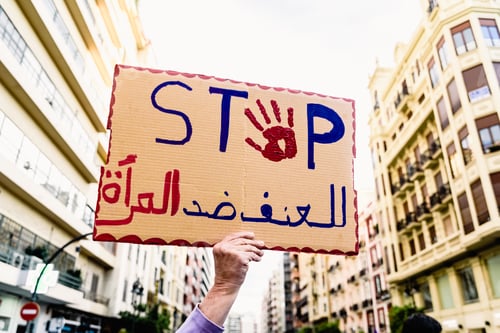 Preview: Banner with the word Stop, message to the Arab world, during a protest.