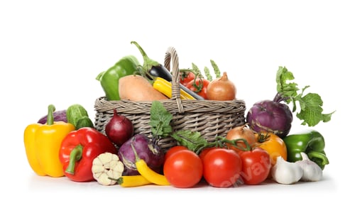 Preview: Many fresh ripe vegetables with basket on white background