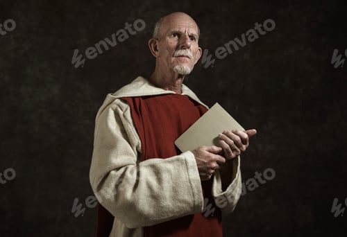 Preview: Official Portrait Of Monk Holding Book. Studio Shot Against Dark Wall.