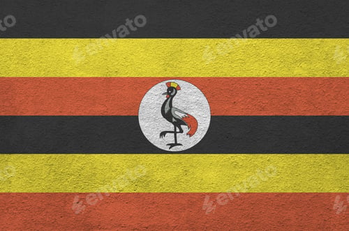 Preview: Uganda flag depicted in bright paint colors on old relief plastering wall close up