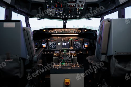 Preview: No people in empty plane cockpit with dashboard command