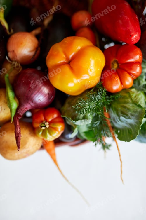 Preview: Assortment of fresh vegetables in a basket, bio healthy, organic food on white background