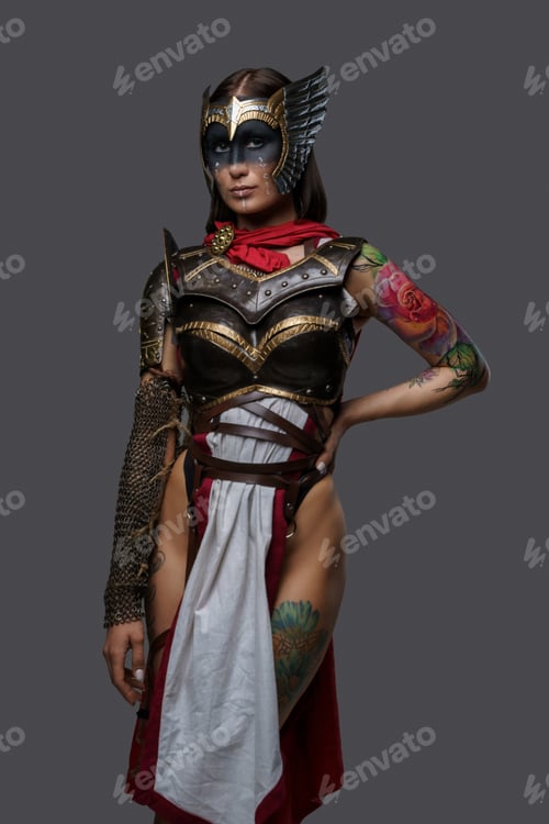 Preview: Shot of slim woman with tattoos and painted face