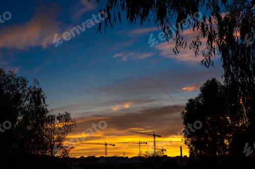 Preview: Skyline cityscape at sunset with silhouettes of building construction cranes
