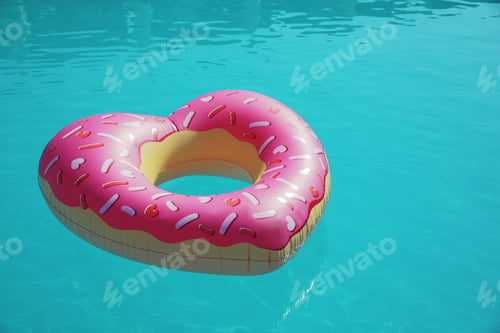 Preview: Heart shaped inflatable ring floating in swimming pool on sunny day