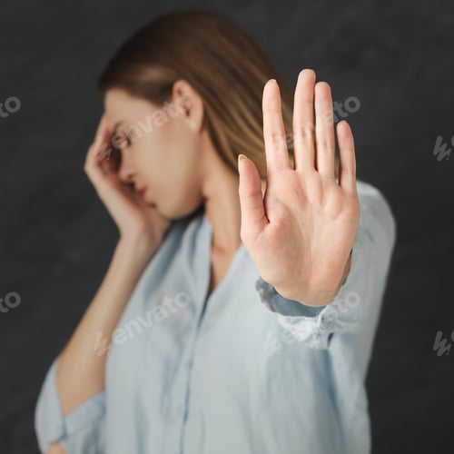 Preview: Attractive Woman Saying Thanks But No. Beautiful Girl Denying Proposal, Making Stop Gesture With
