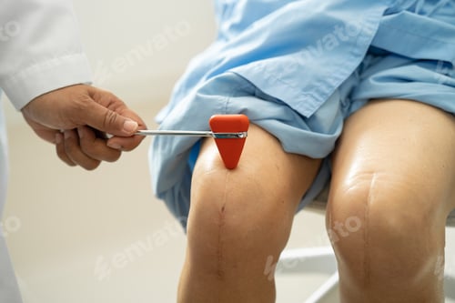 Preview: Asian doctor physiotherapist examining, massaging and treatment knee and leg of senior patient