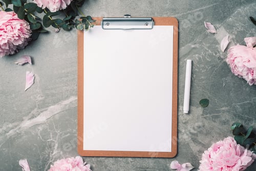 Preview: Fashion feminine blogger concept. Feminine workspace with notebook, clipboard, paper, pink peony