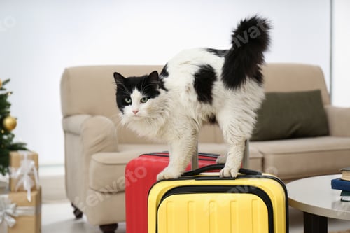 Preview: Cute cat on suitcase in living room