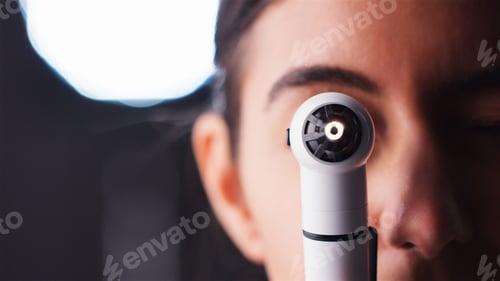 Preview: Close Up Portrait Of Female Ophthalmologist In Hospital Looking Through Ophthalmoscope