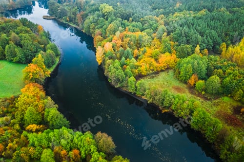 Preview: River and autumn forest. Aerial view of nature in Poland