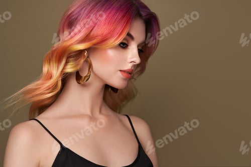 Preview: Beauty fashion model woman with colorful dyed hair