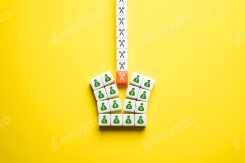 Preview: Budget cuts, tough economy. Cutting spendings. Scissors split the budget in half.