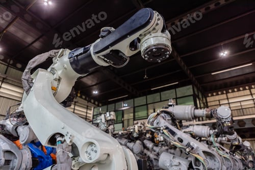 Preview: Robotic Arm assembly plant for industrial. Robotic machine industry factory manufacturing automate.