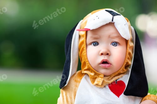 Preview: Little funny baby wearing puppy suit on green background