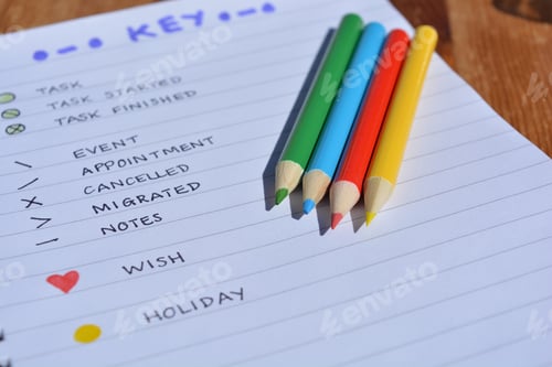 Preview: Bullet journal open at the Key page, with color pencils for colour coding the bullets