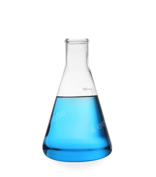 Preview: Conical flask with blue liquid on white background. Laboratory glassware