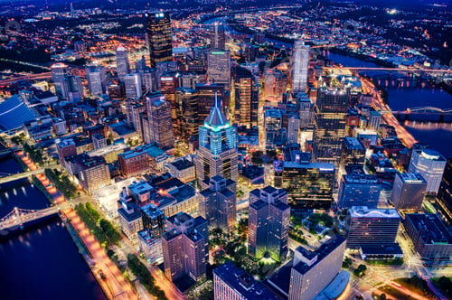 Preview: Aerial shot of the night Pittsburgh cityscape in Pennsylvania