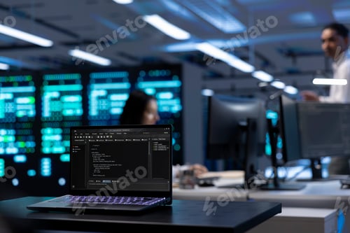 Preview: Focus on laptop used by IT developer in server room to find network issues