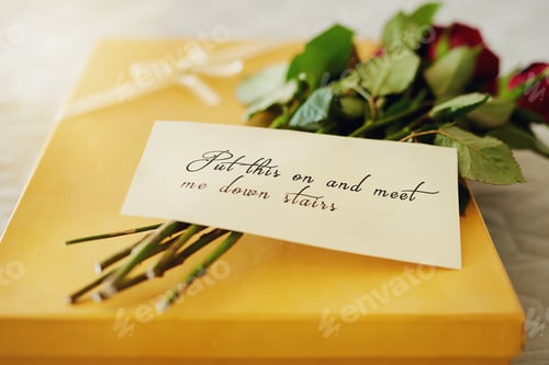 Preview: Shot of a surprise gift and bouquet with a note attached to it