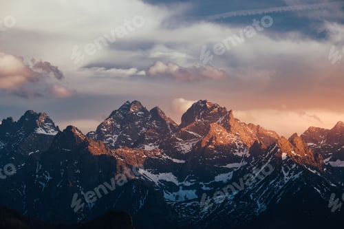 Preview: Scenic view of the Rysy peak in Tatra Mountains at sunset in Poland