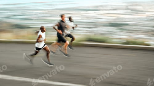 Preview: Lets pick up the speed. Shot of a group of men exercising in nature.