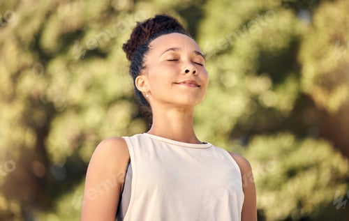 Preview: Black woman, happy and doing exercise breathing, smile and outdoor for wellness, meditation and bei