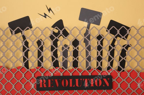 Preview: Half tones of hands gripping protest boards and megaphones. A call for action.