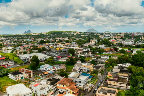 Preview: Top view of a town in the jungle of the tropical island of Mauritius, a village on the island of
